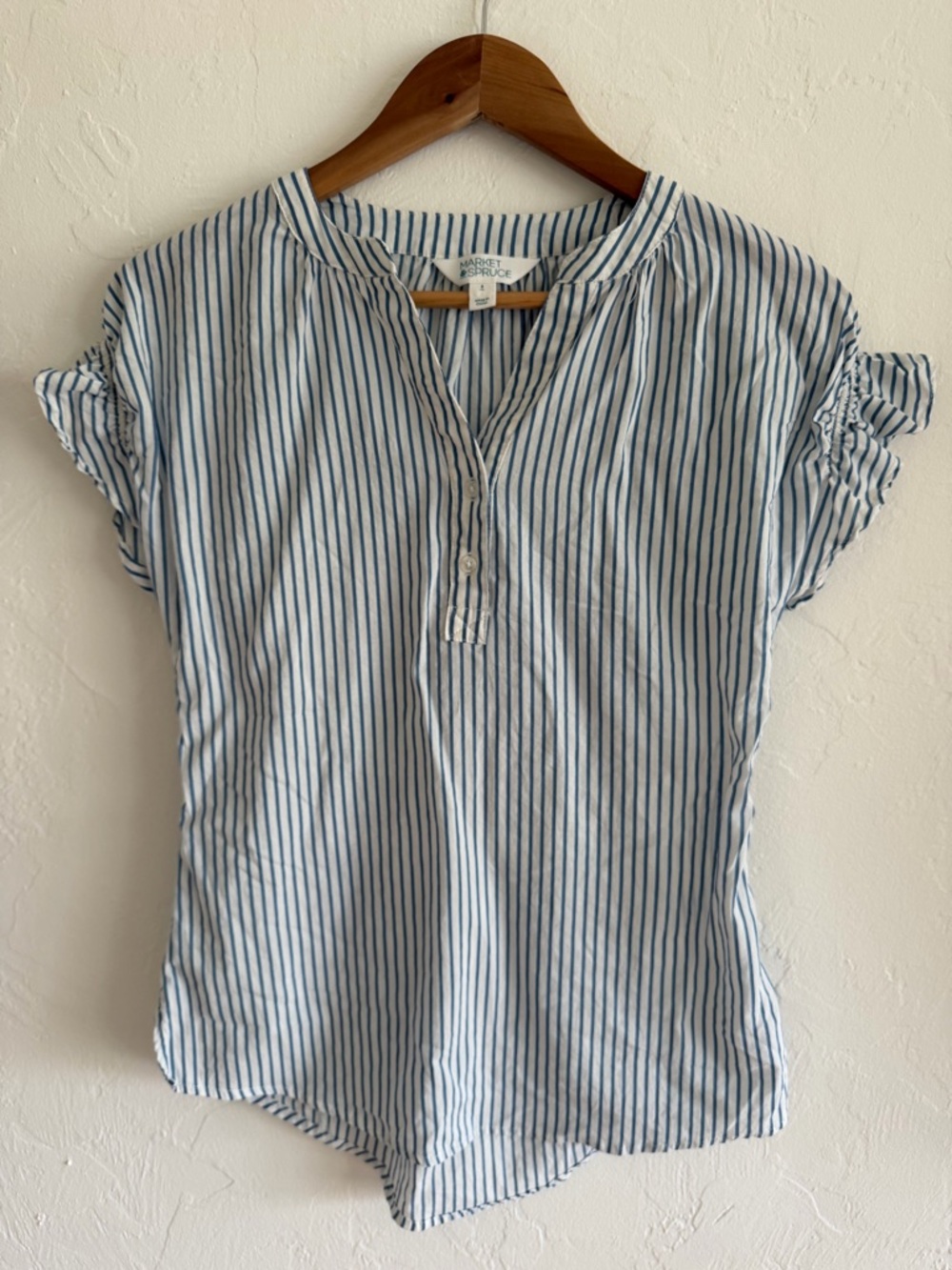 Market & Spruce Blue and White Striped Short Sleeve Blouse